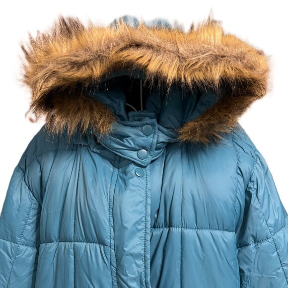 Womens Winter Coat with Fur Trim Hood-Teal with Brown Faux Fur, sz 3X - Picture 3 of 13